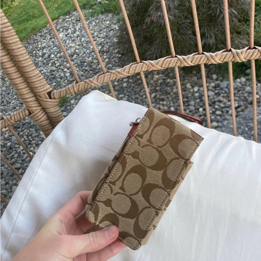 Coach Signature Canvas Wristlet Wallet in Khaki with Orange Accent